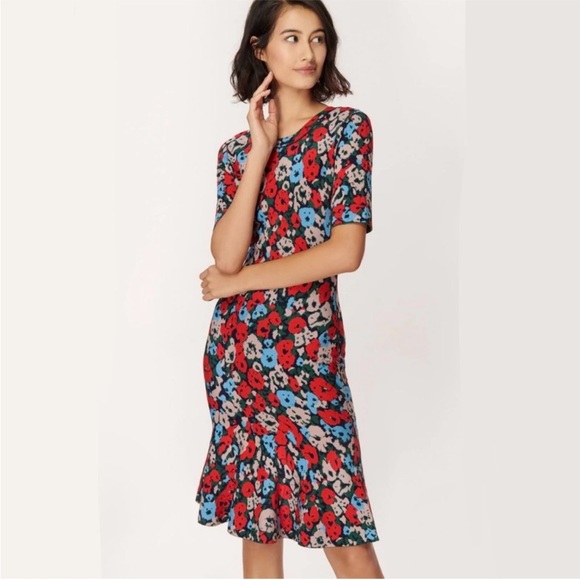 Milly Red Blue Floral Poppy Print A-Line Knit Dress L - Picture 1 of 7